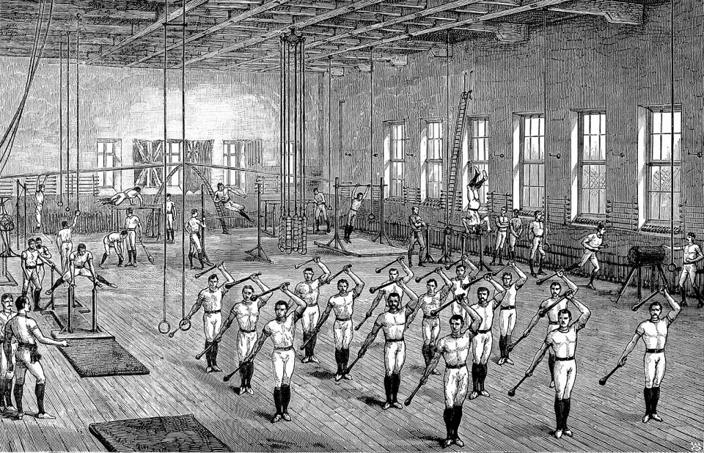 Wood engraving illustrating men engaged in athletics at a Young Men's Christian Association (YMCA) gymnasium in Longacre, London circa 1888.  