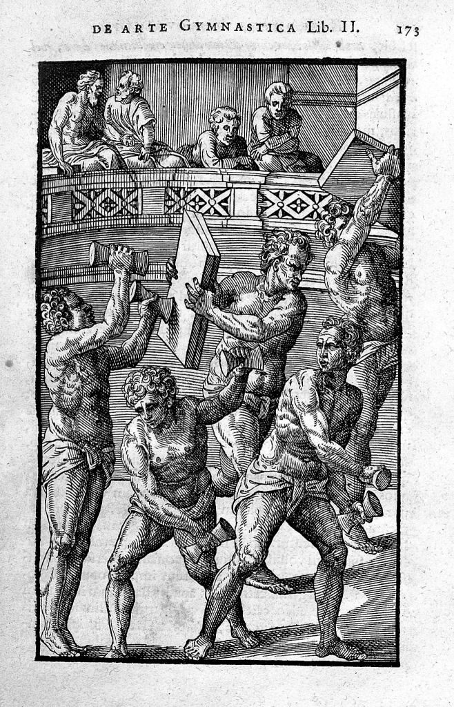 Men using hand held weights for exercising, from the De Arte Gymnastica (Venice, 1569) by Girolamo Mercuriale.