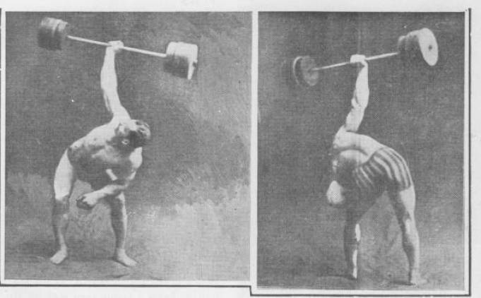 The bent press as demonstrated by Arthur Saxon. This is not an exercise used in modern weight lifting, as it is a feat of strength for strong man exhibitions.