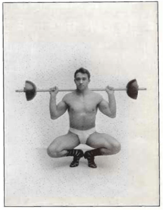 The deep knee bend as demonstrated in a photo from “Bodybuilding and Muscle Developing Exercises”, a  pamphlet produced by by the Milo Bar-Bell Company in 1915 