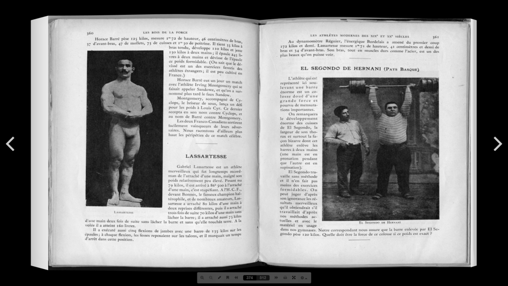 A strongman lifting an early proto-type of an interchangable plate barbell, from page 375 of Les Rois de la Force' (The Kings of Strength) by Edmond Desbonnet (1911)