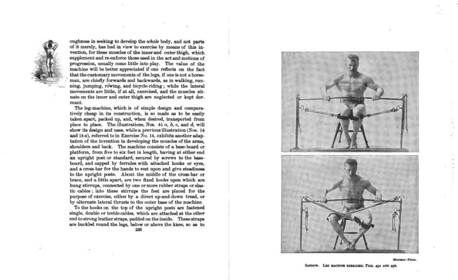 Page 301 of 'Sandow on Physical Training' shows Sandow himself using one of his complex spring exercise devices for resistance training.